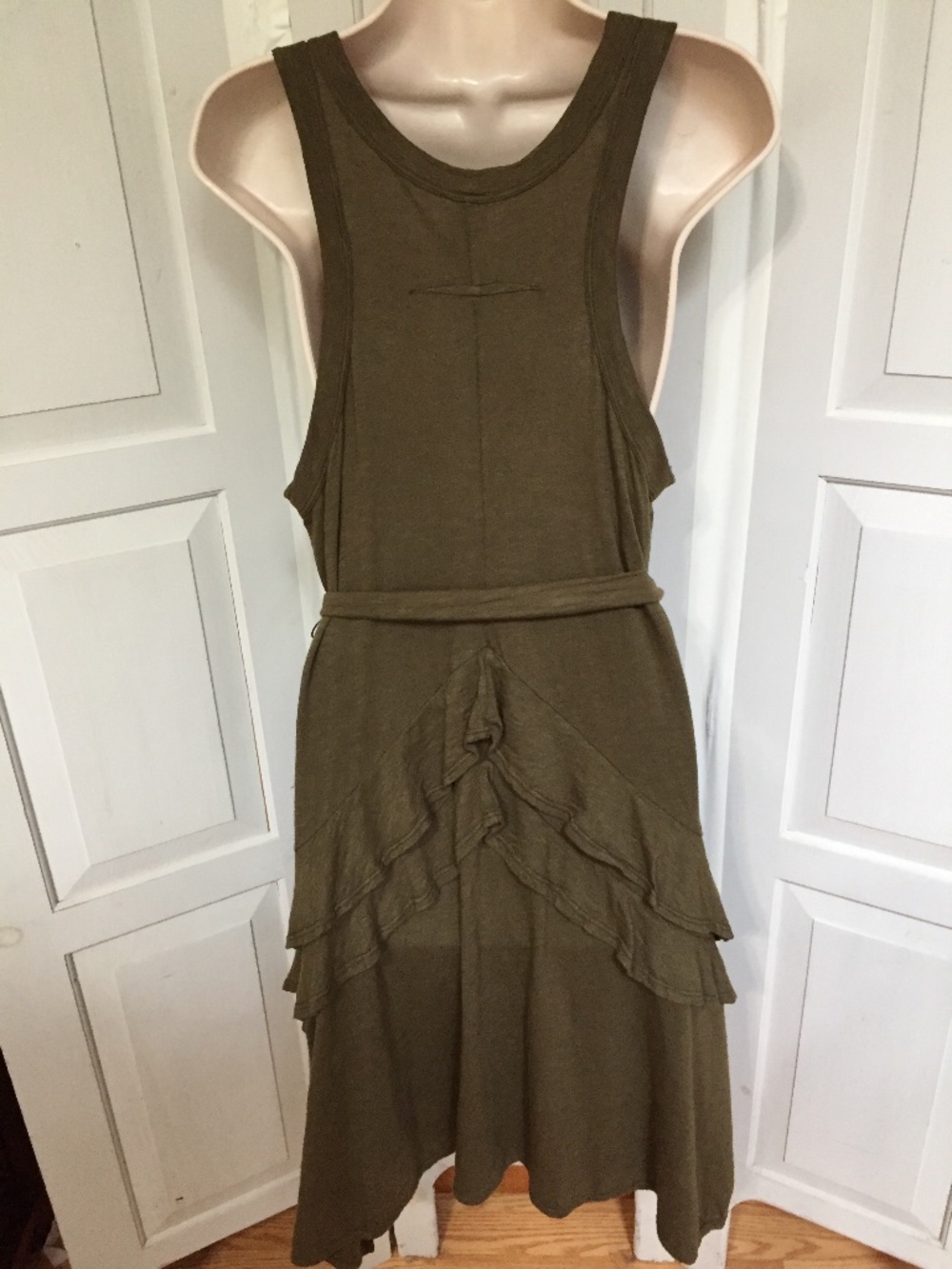 Wilt Olive Green Sleeveless Tank Dress w/ Tie Waist & Back Ruffle - Picture 9 of 15